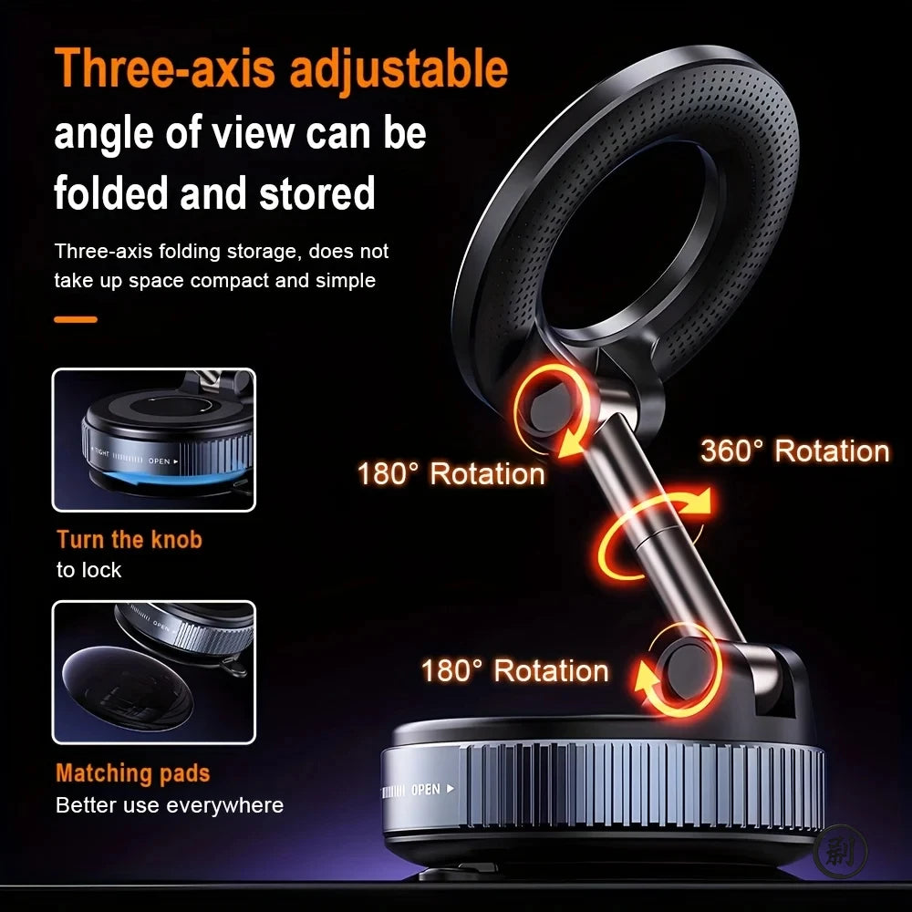 Strong Magnetic Car Phone Holder Foldable Design 360° Adjustable Vacuum Mount for Car/Desk/Bathroom/Universal Use